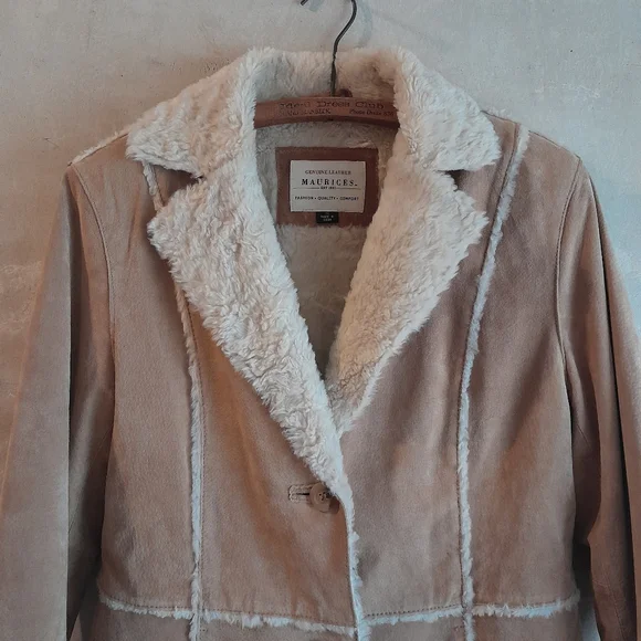 175a. vintage tan Maurices leather y2k Penny Lane coat with faux fur trim, M - Picture 2 of 7